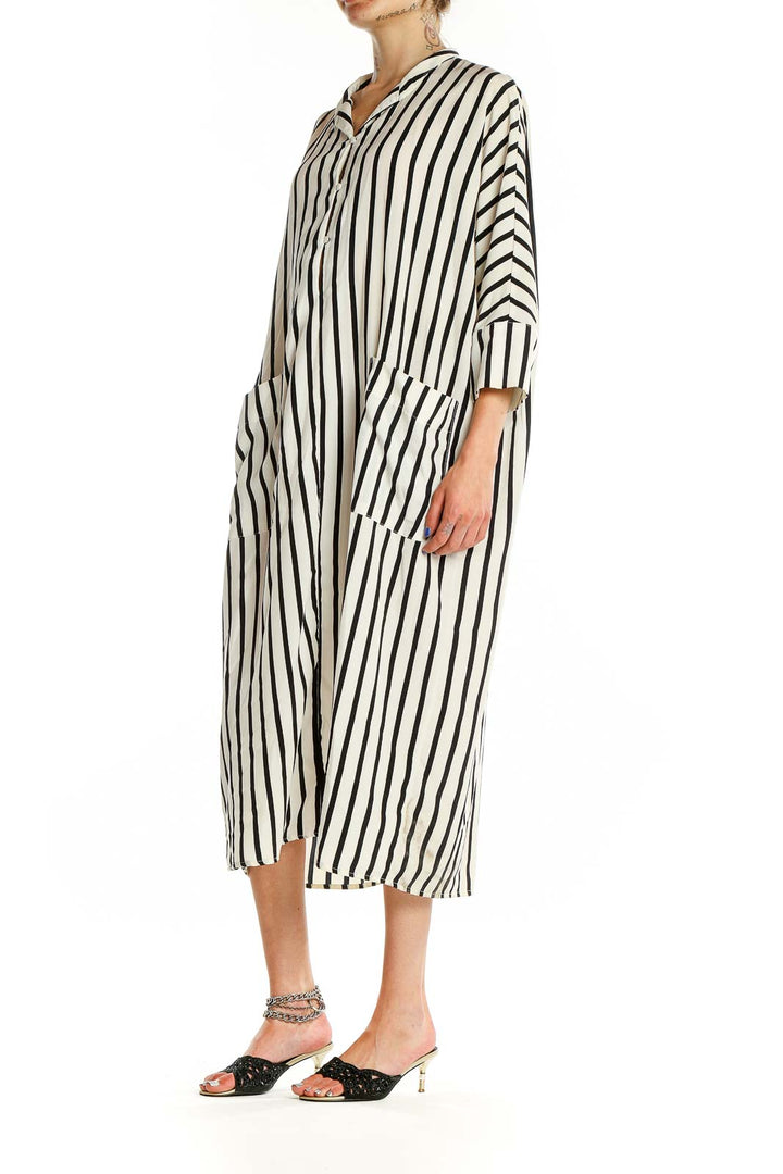 Front view of MNG suit Black and White Striped Midi Shirt Dress