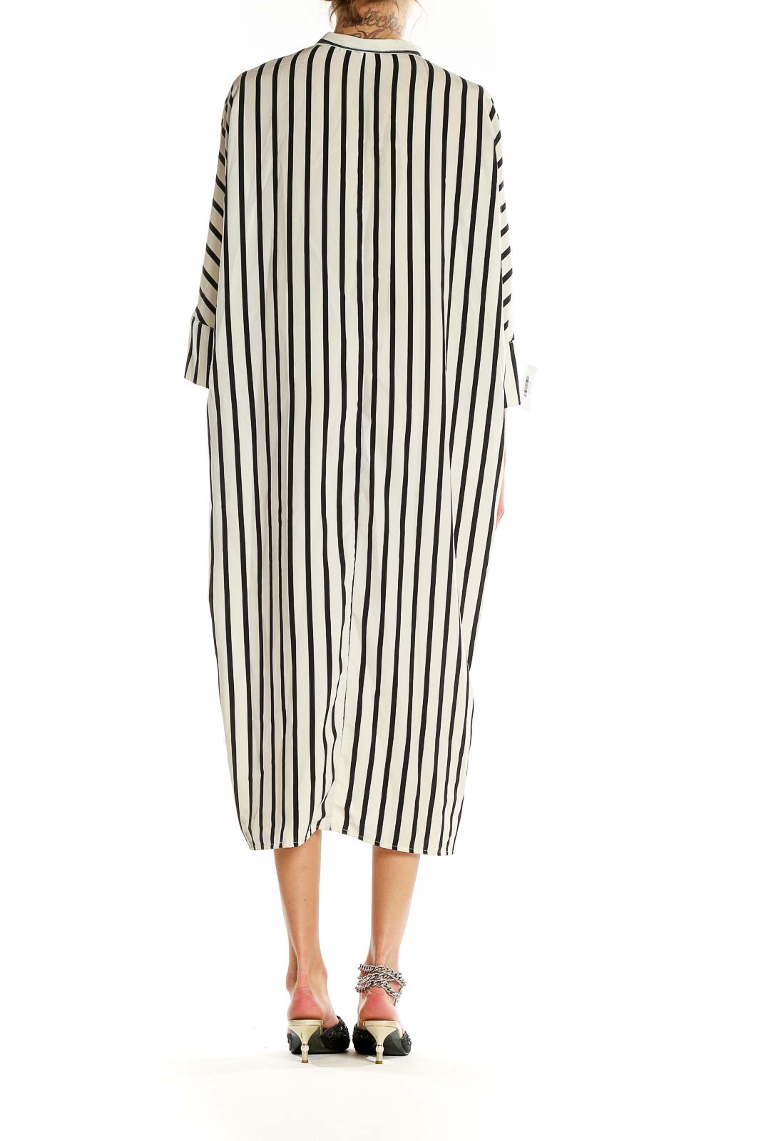 Back view of MNG suit Black and White Striped Midi Shirt Dress