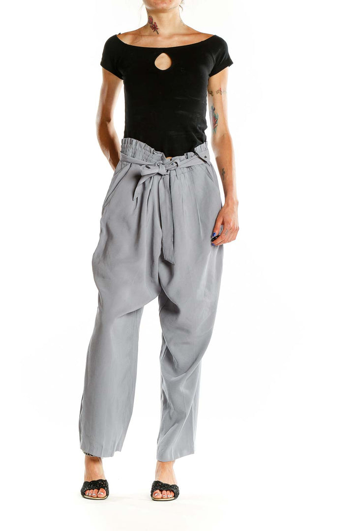 Front view of Simply Vera Vera Wang gray paperbag waist wide-leg pants