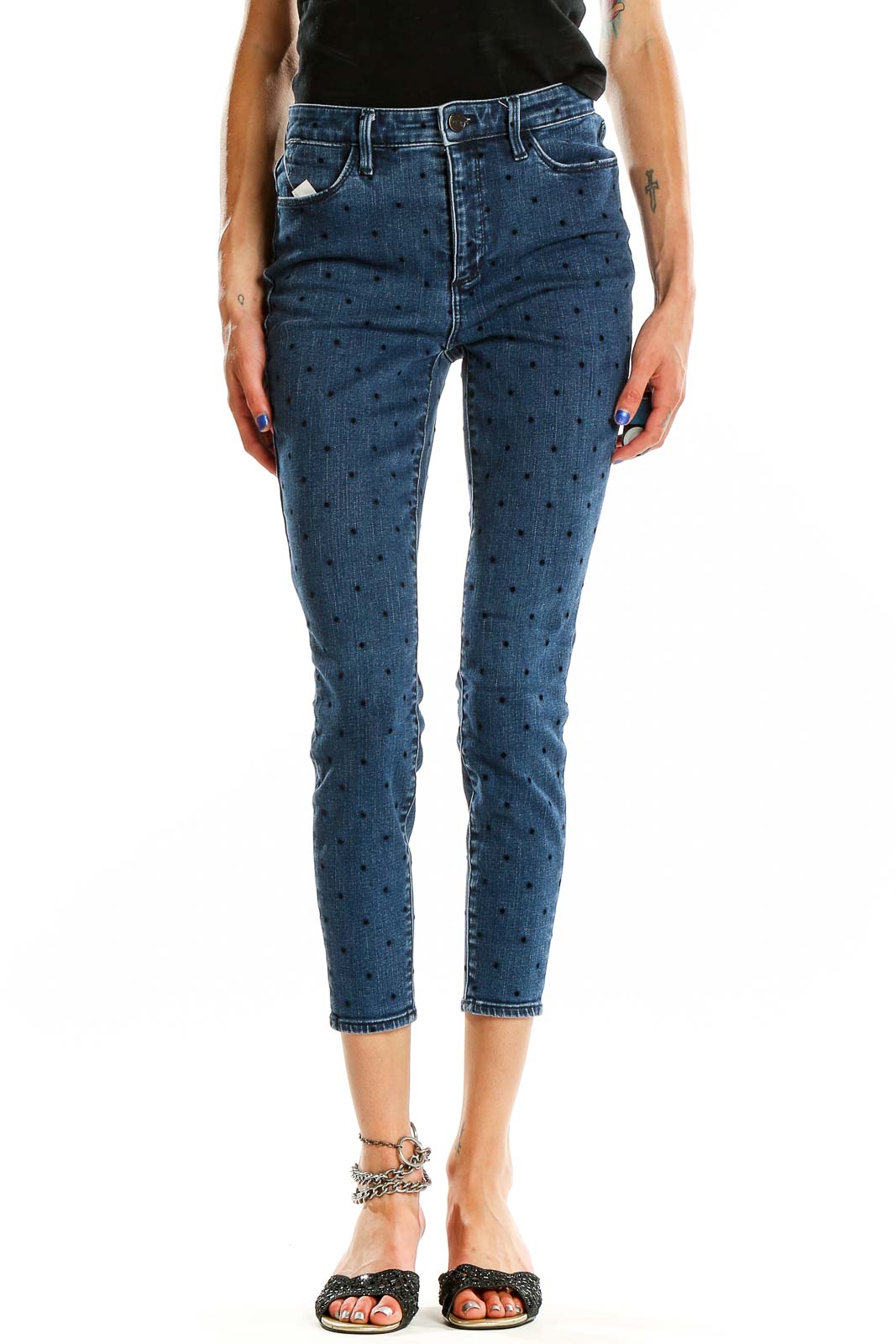 Front view of Talbots blue polka dot cropped jeans on model