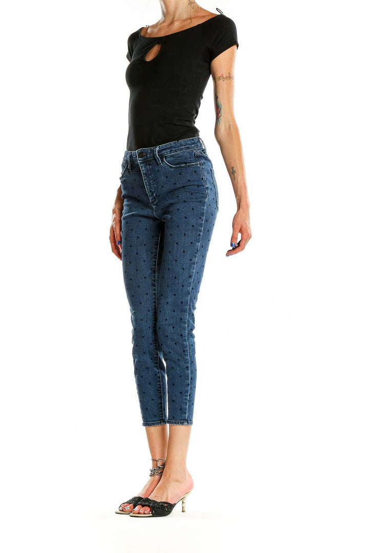 Front view of Talbots blue polka dot cropped jeans on model