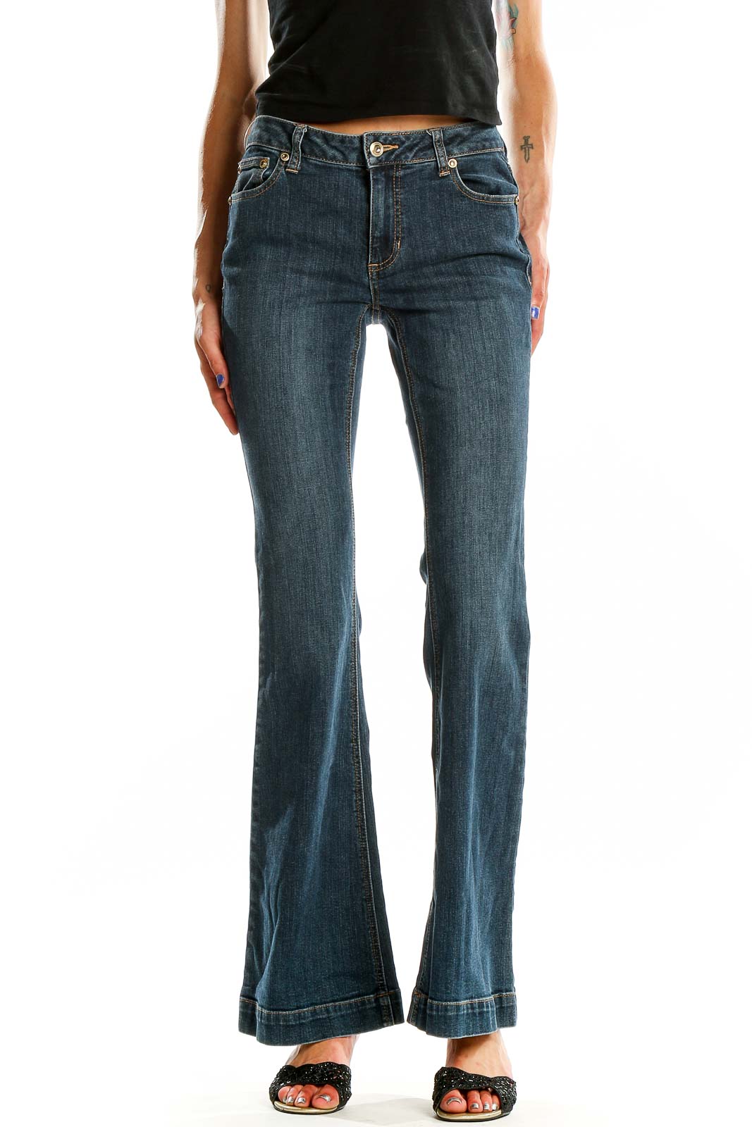 Front view of Cache blue flared denim jeans on model