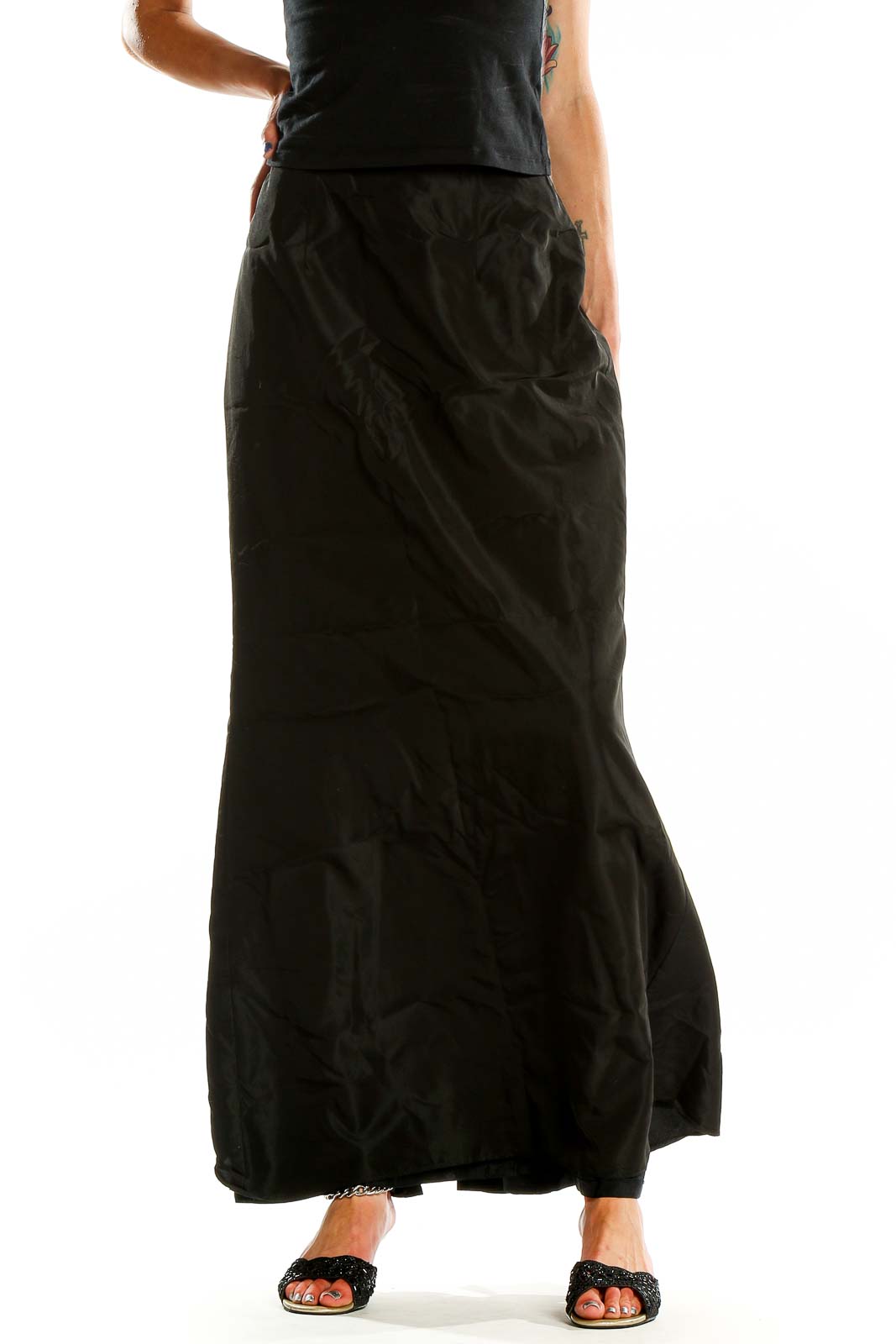 Front view of black maxi skirt by Andrea Polizzi for Rex Lester