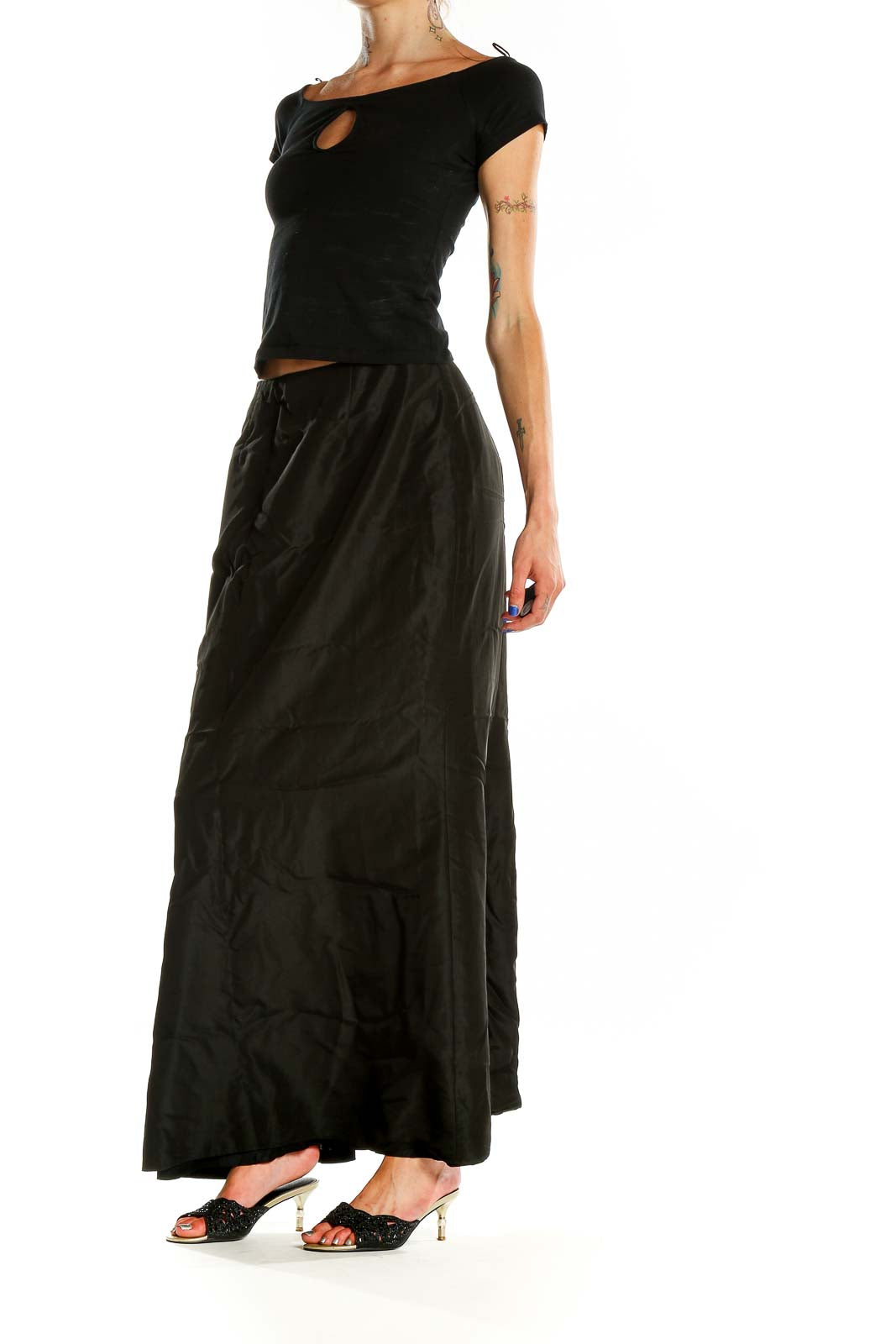 Front view of black maxi skirt by Andrea Polizzi for Rex Lester