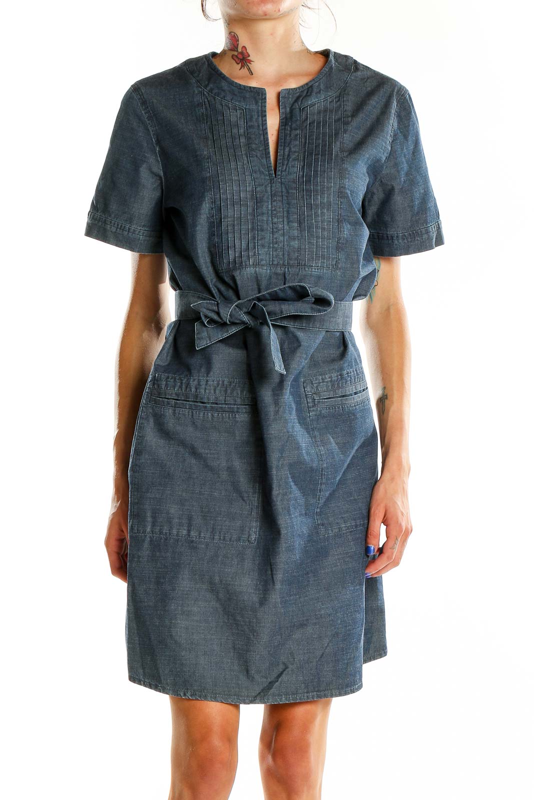 Front view of A.P.C. Blue Denim Shirt Dress with V-neck and belt