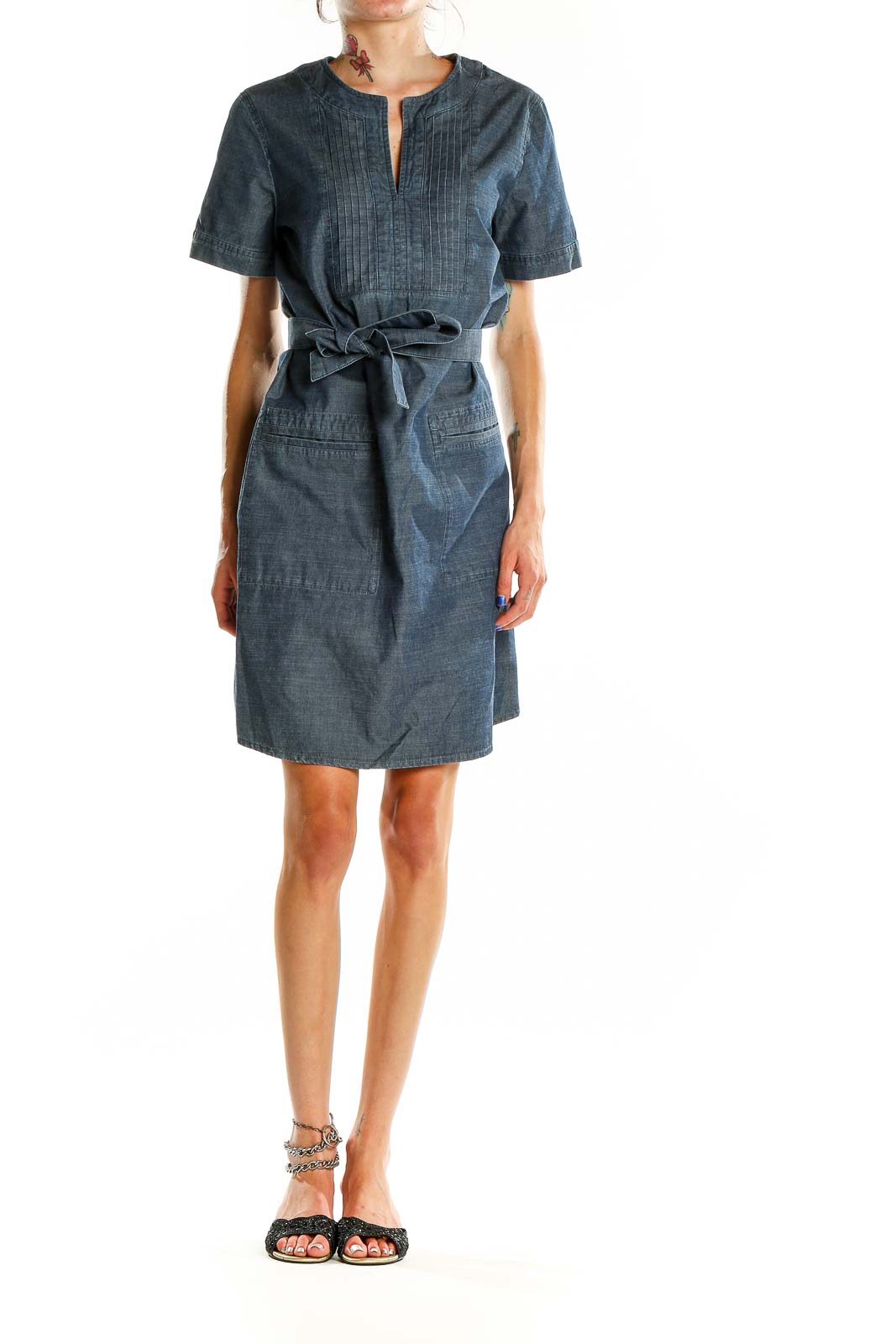 Front view of A.P.C. Blue Denim Shirt Dress with V-neck and belt