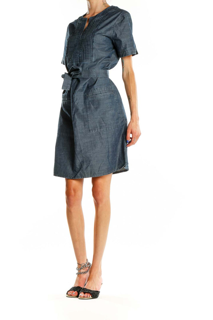 Front view of A.P.C. Blue Denim Shirt Dress with V-neck and belt