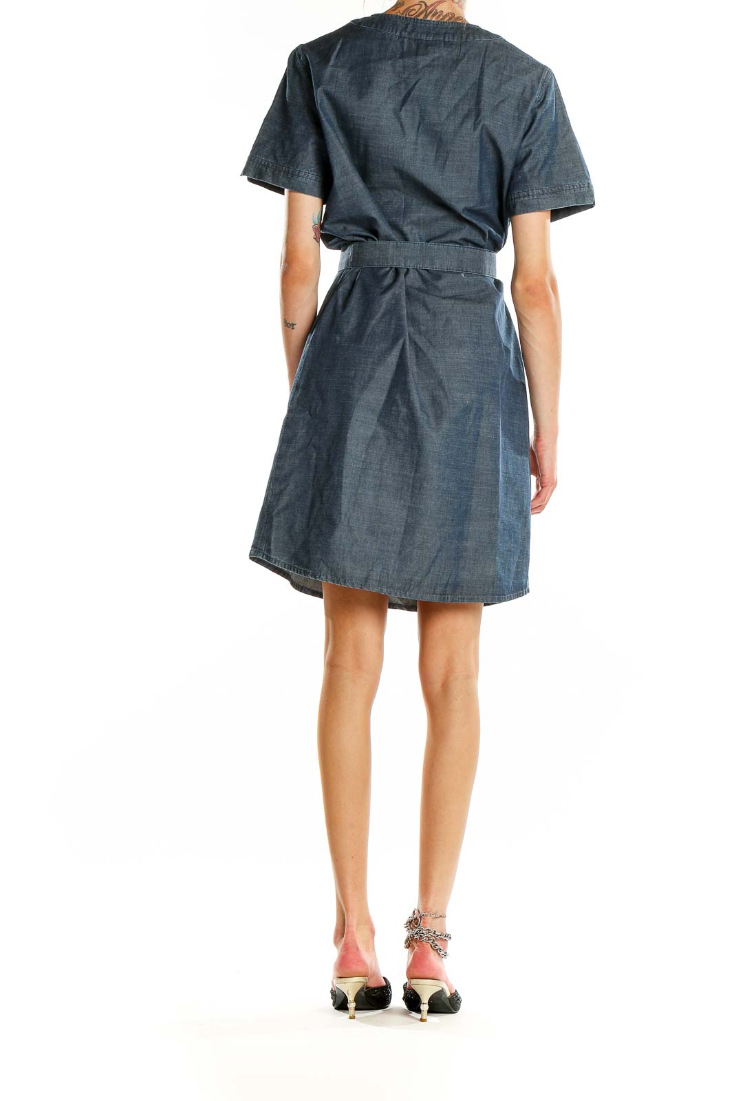 Back view of A.P.C. Blue Denim Shirt Dress showing knee-length cut