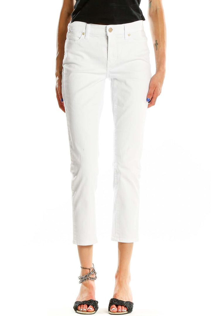 Front view of white Talbots cropped pants on model