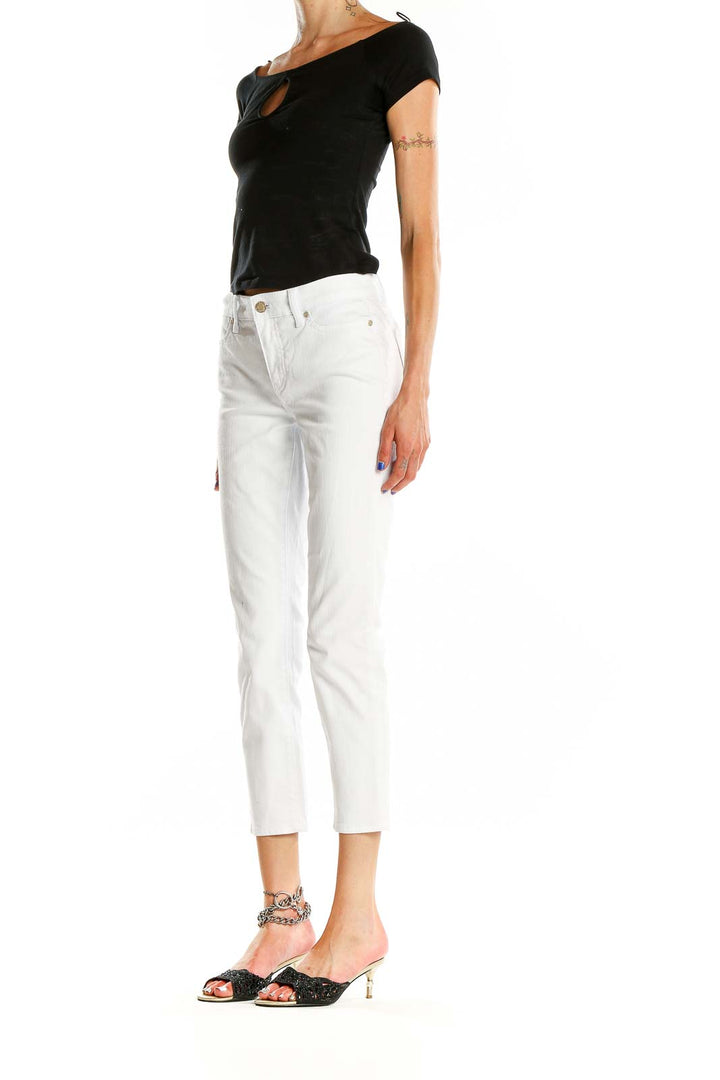 Front view of white Talbots cropped pants on model