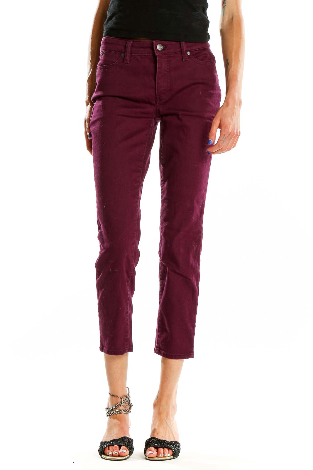 Front view of Talbots burgundy cropped slim-fit pants on model