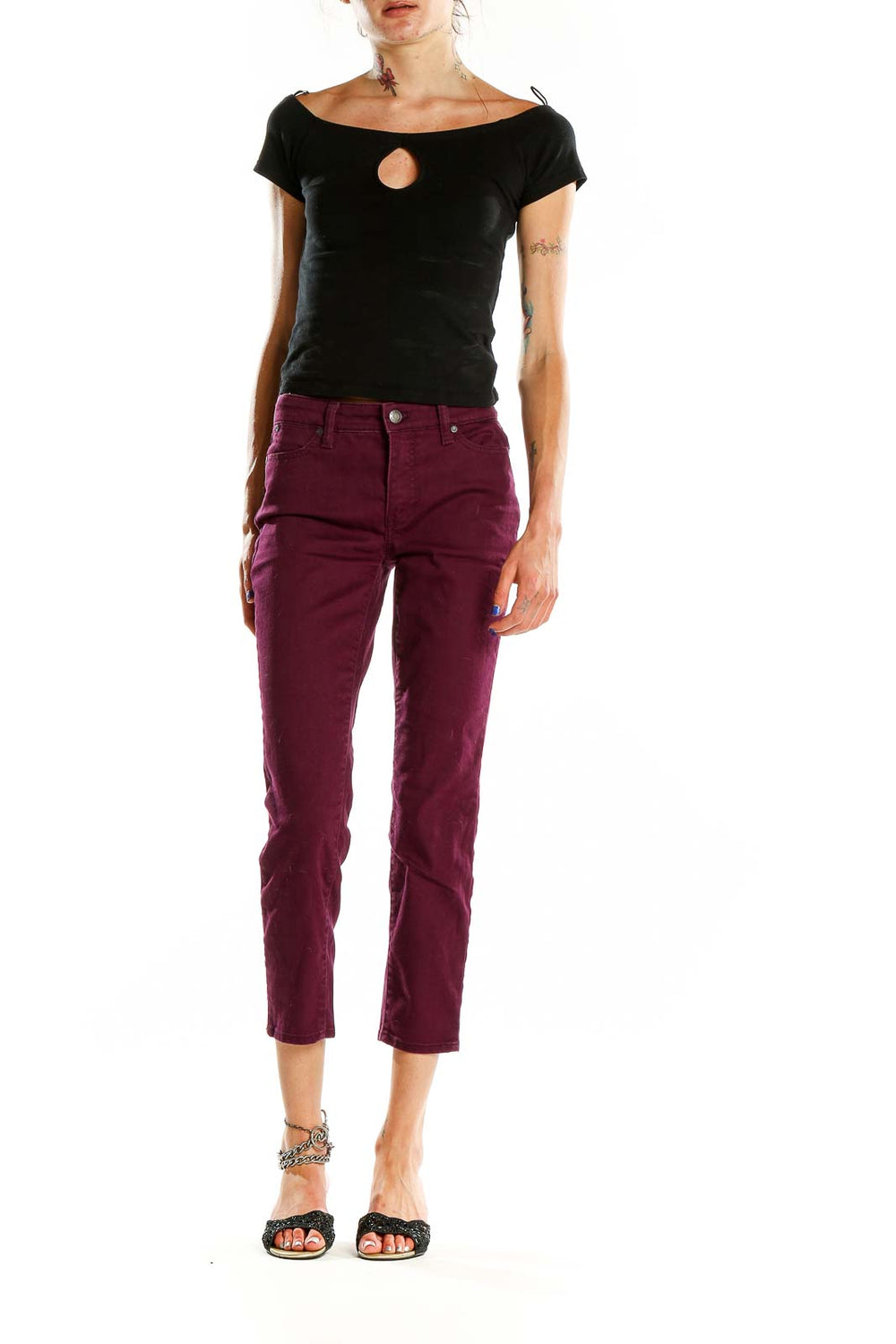 Front view of Talbots burgundy cropped slim-fit pants on model