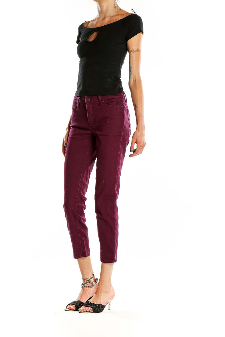 Front view of Talbots burgundy cropped slim-fit pants on model