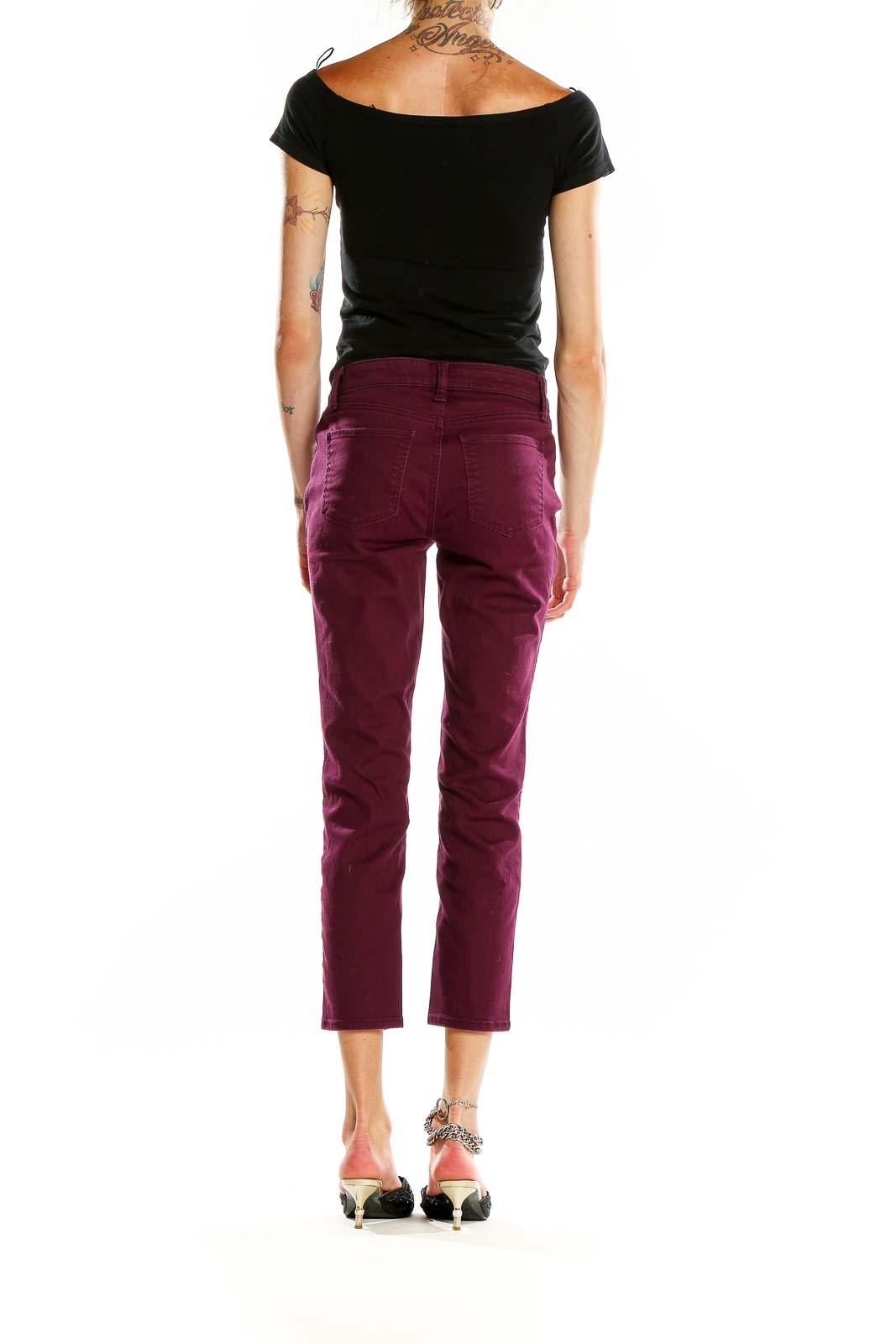 Back view of Talbots burgundy cropped slim-fit pants on model