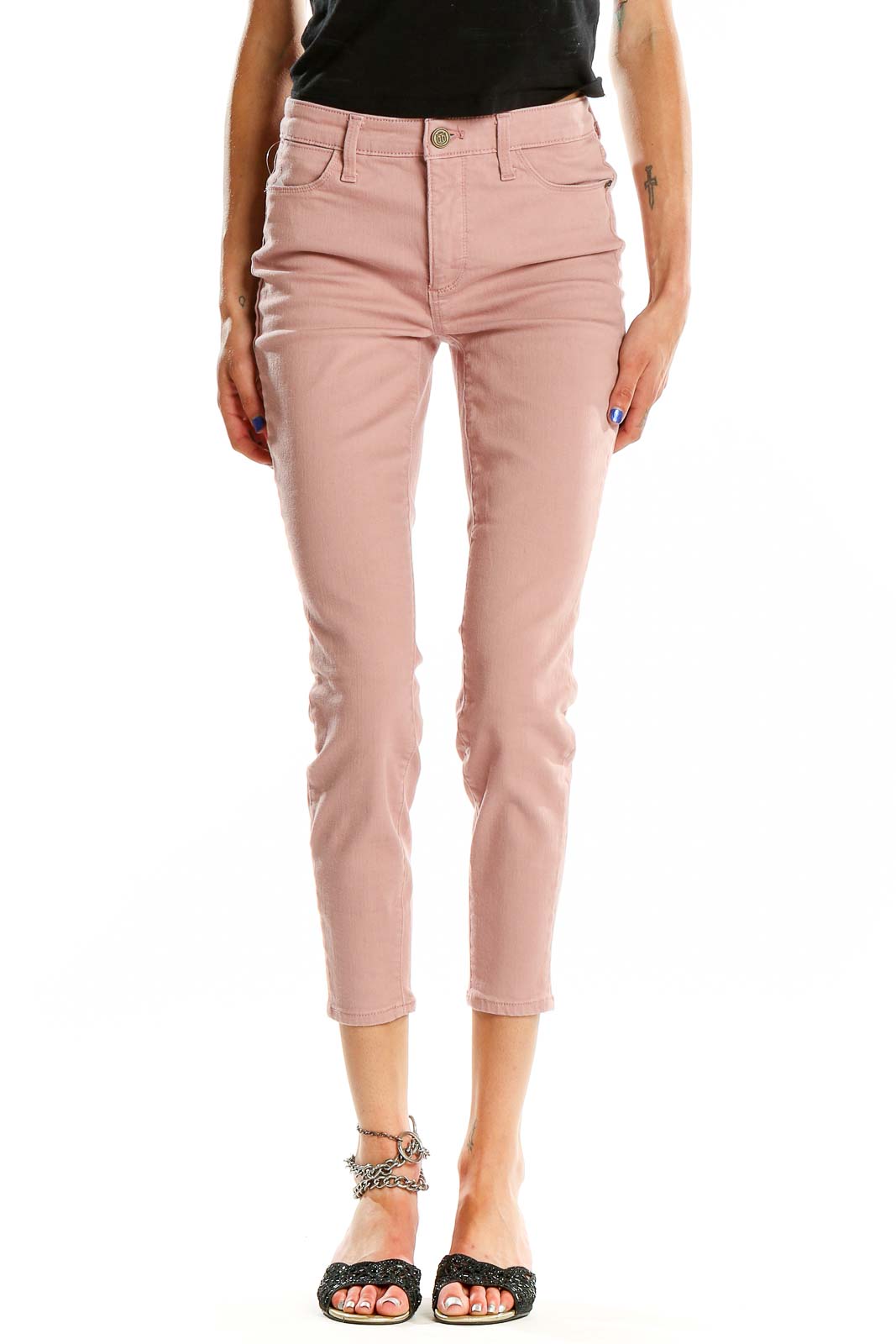 Front view of Talbots pink cropped slim-fit pants on model