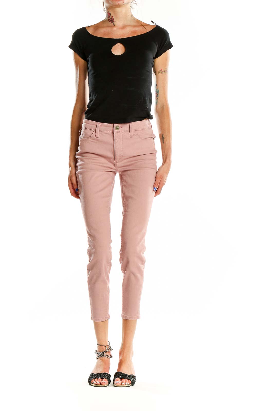 Front view of Talbots pink cropped slim-fit pants on model