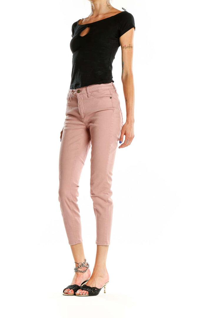 Front view of Talbots pink cropped slim-fit pants on model