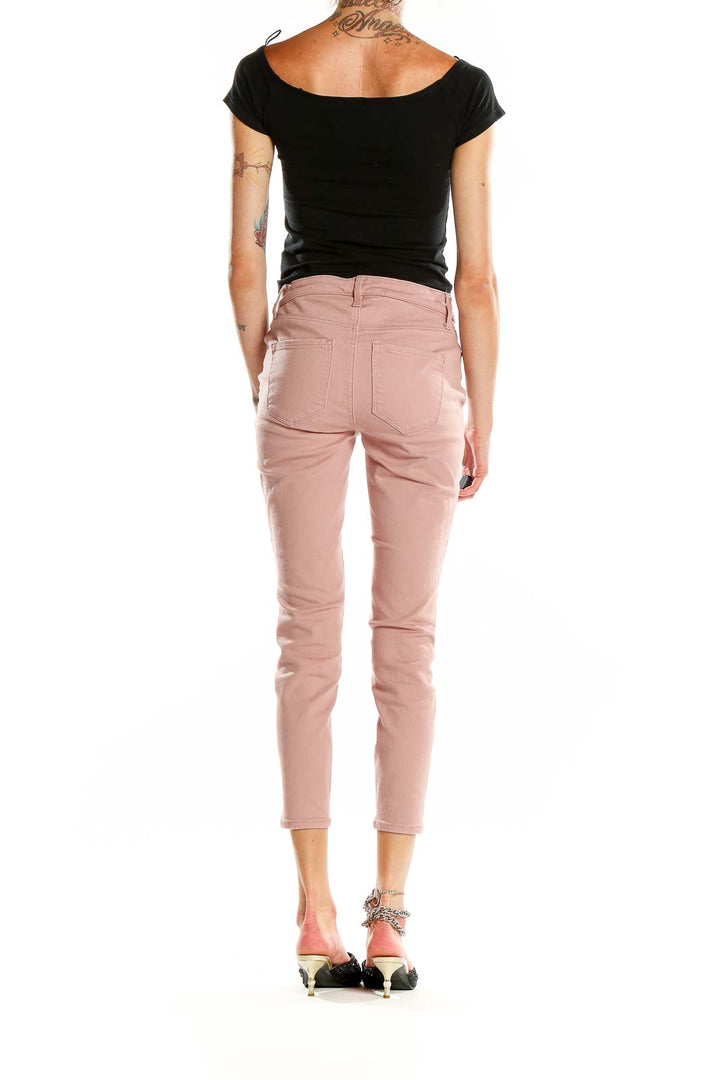 Back view of Talbots pink cropped slim-fit pants on model