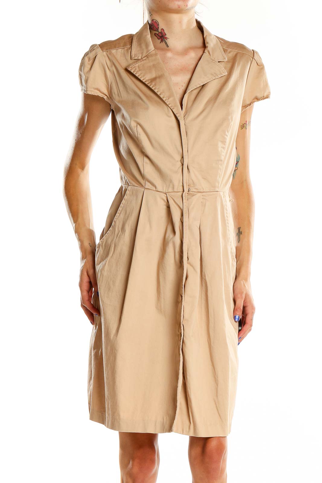 Front view of beige Max and Cleo button-front shirt dress with cap sleeves