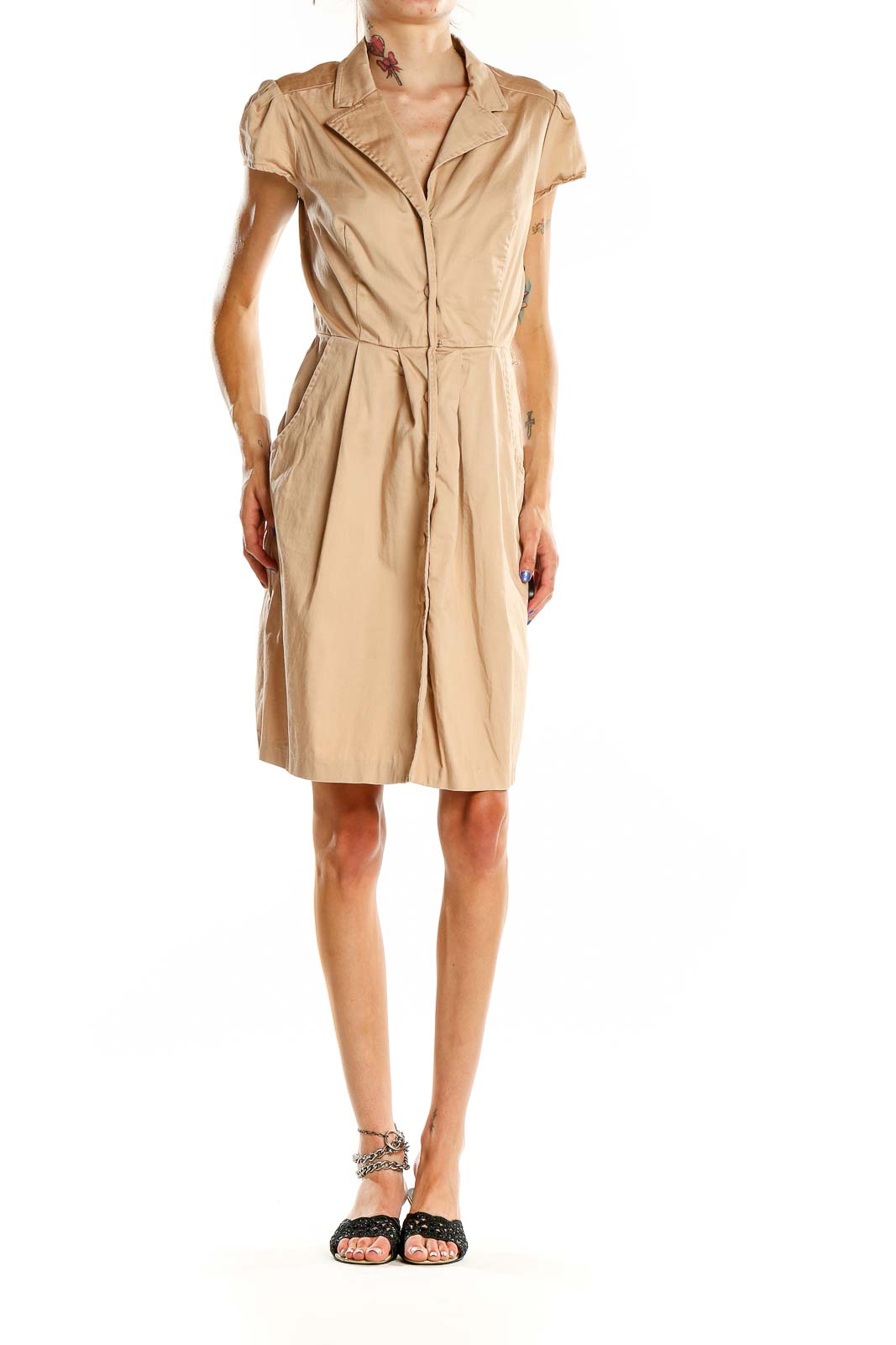 Front view of beige Max and Cleo button-front shirt dress with cap sleeves