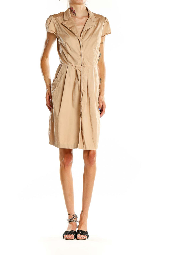 Front view of beige Max and Cleo button-front shirt dress with cap sleeves