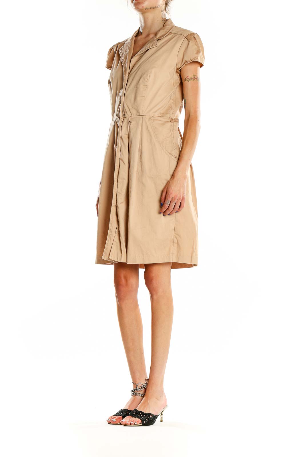 Front view of beige Max and Cleo button-front shirt dress with cap sleeves