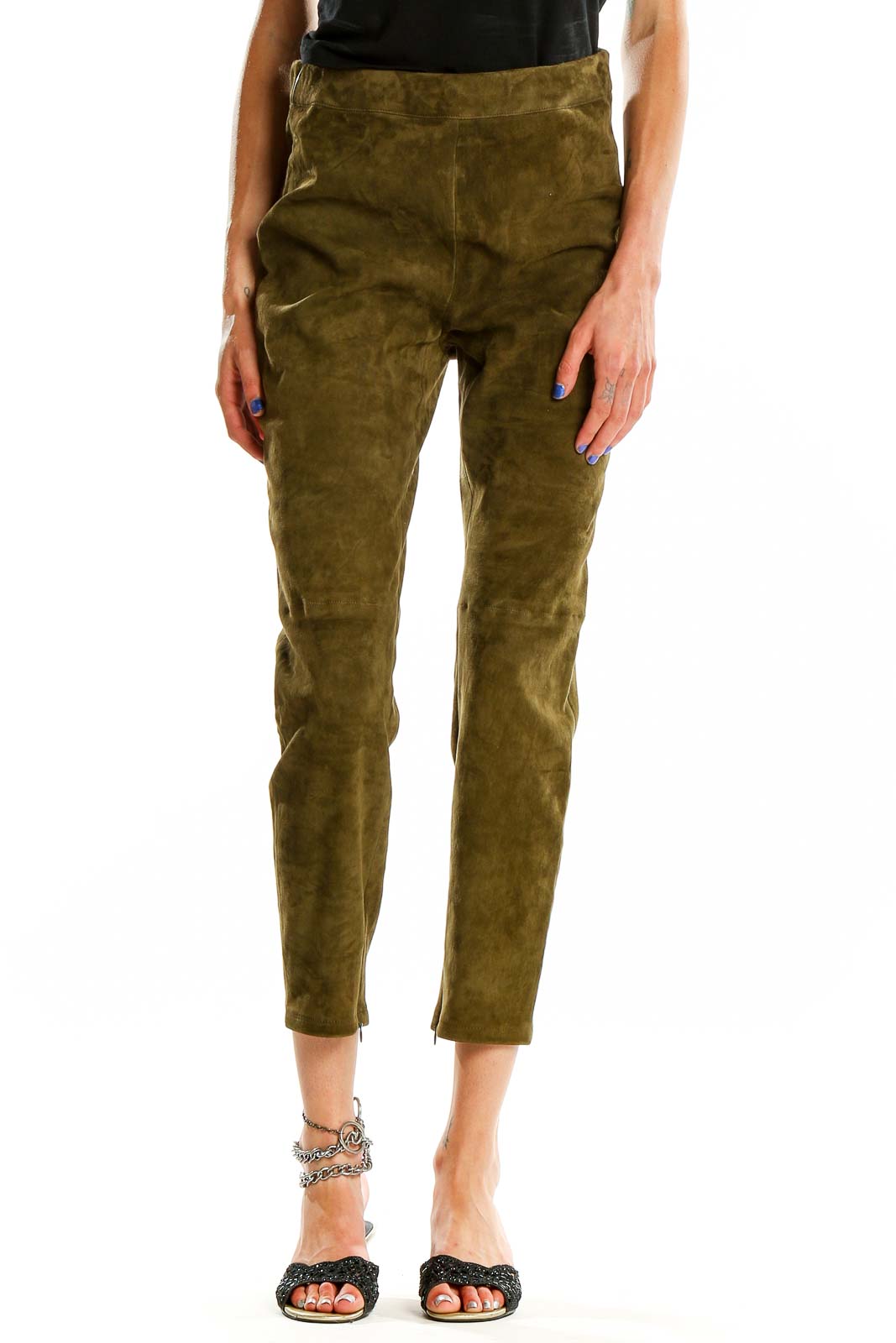 Front view of Elie Tahari olive suede high-waisted cropped pants