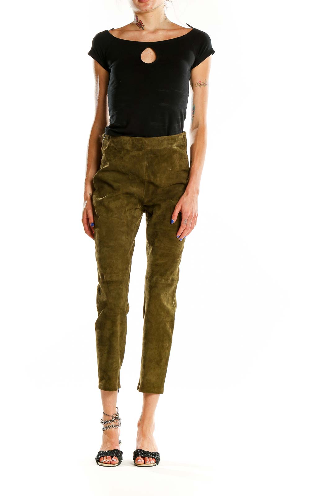 Front view of Elie Tahari olive suede high-waisted cropped pants