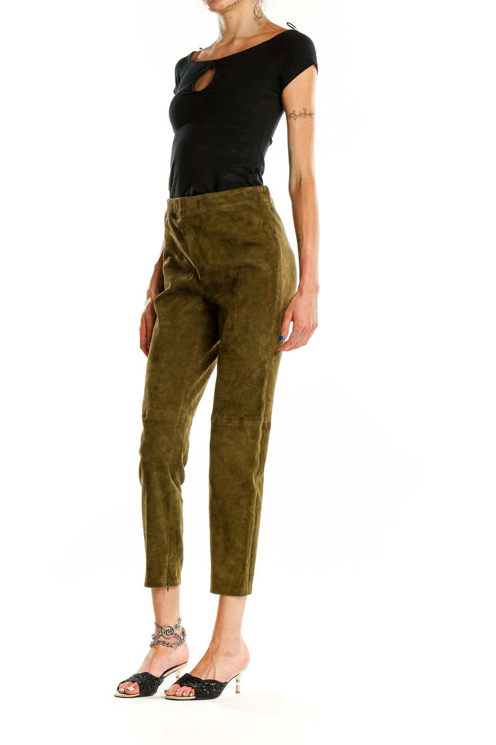 Front view of Elie Tahari olive suede high-waisted cropped pants