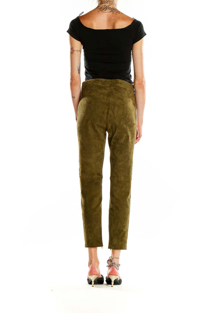 Back view of Elie Tahari olive suede high-waisted cropped pants