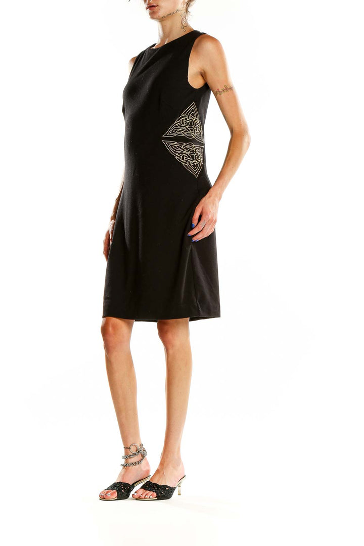 Front view of Nicole Miller Studio One black bodycon dress with geometric side embroidery