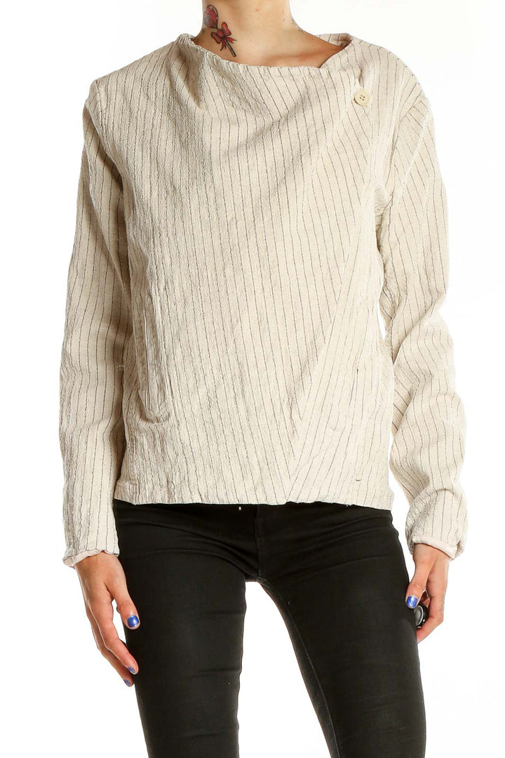 Front view of BLANKNYC beige pinstriped asymmetrical jacket