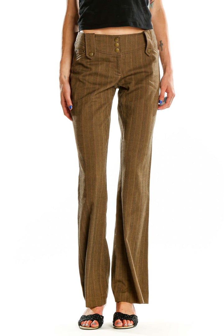 Front view of Cache brown pinstriped wide-leg trousers on model