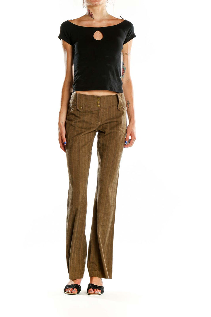 Front view of Cache brown pinstriped wide-leg trousers on model