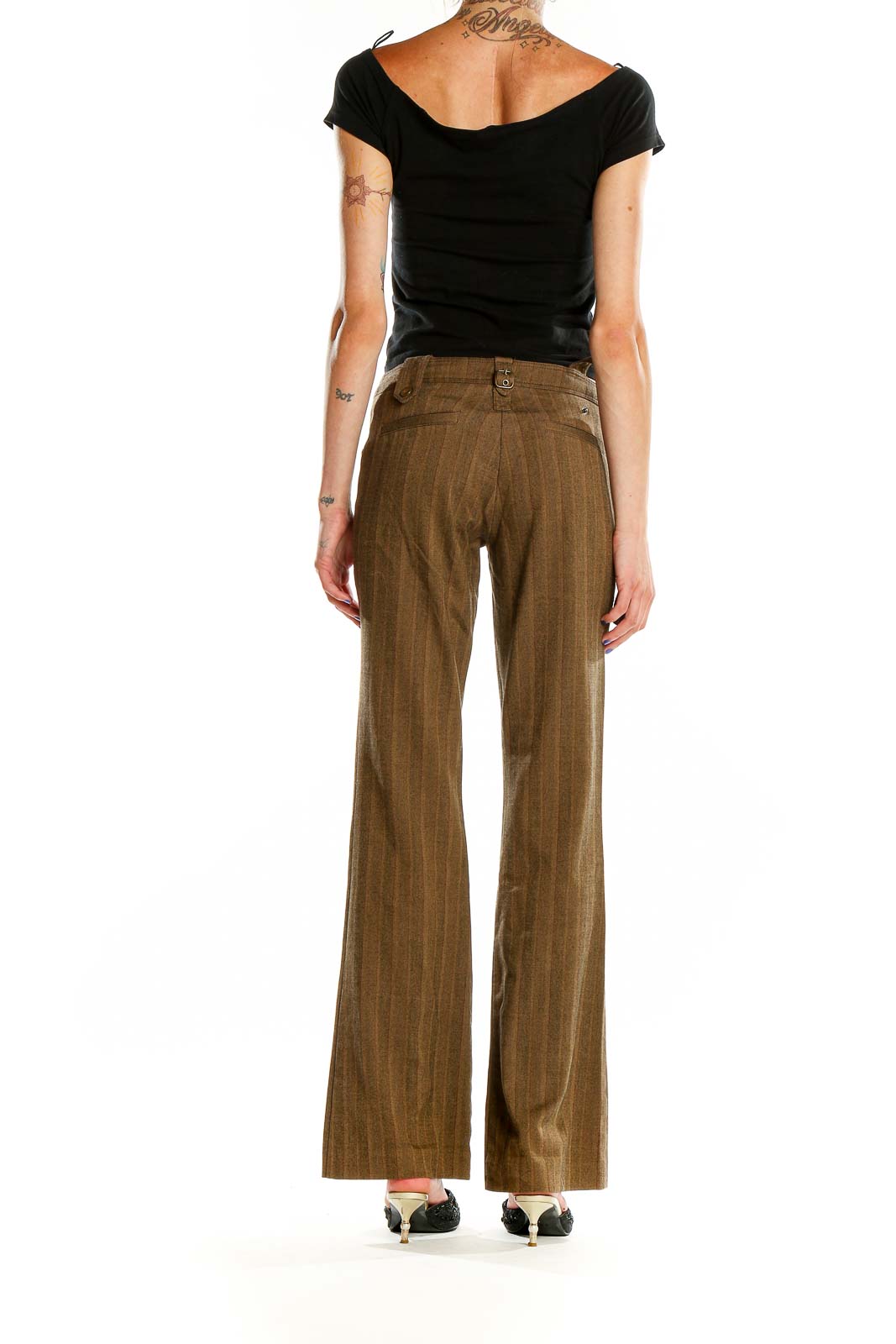 Back view of Cache brown pinstriped wide-leg trousers on model