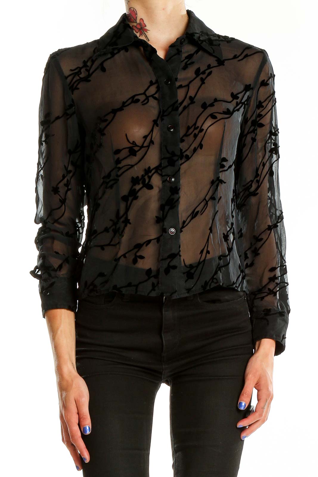 Black Silk Velvet Sheer Floral Blouse