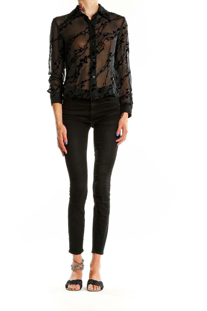 Black Silk Velvet Sheer Floral Blouse