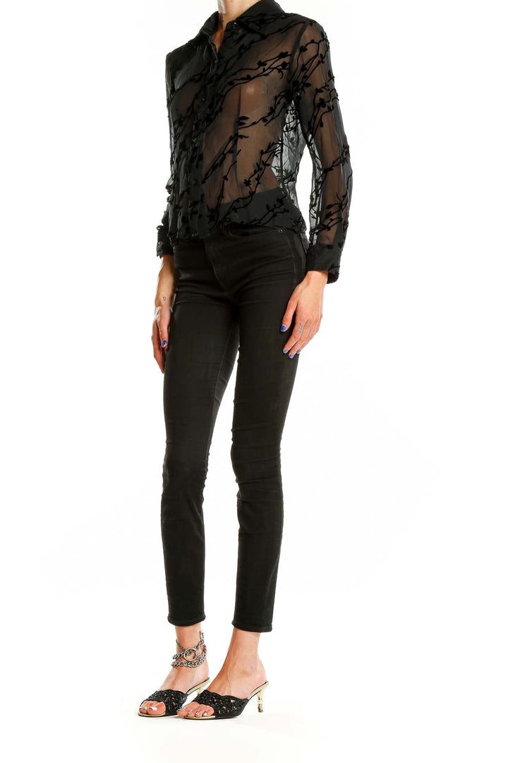 Black Silk Velvet Sheer Floral Blouse