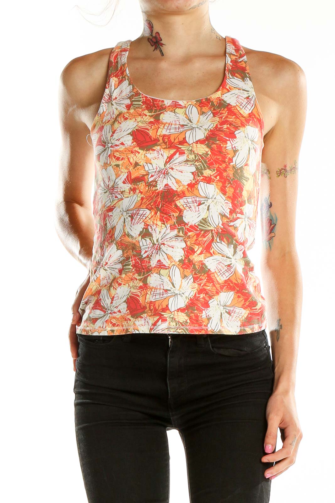 Front view of orange floral racerback tank top by J.Jill