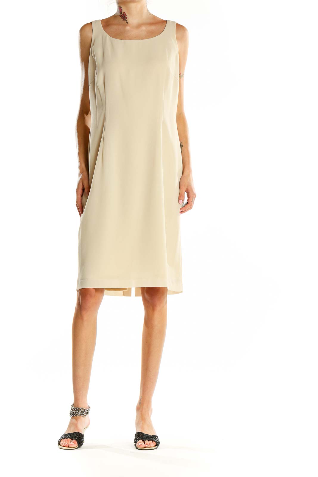 Front view of Jessica Howard beige sleeveless sheath dress