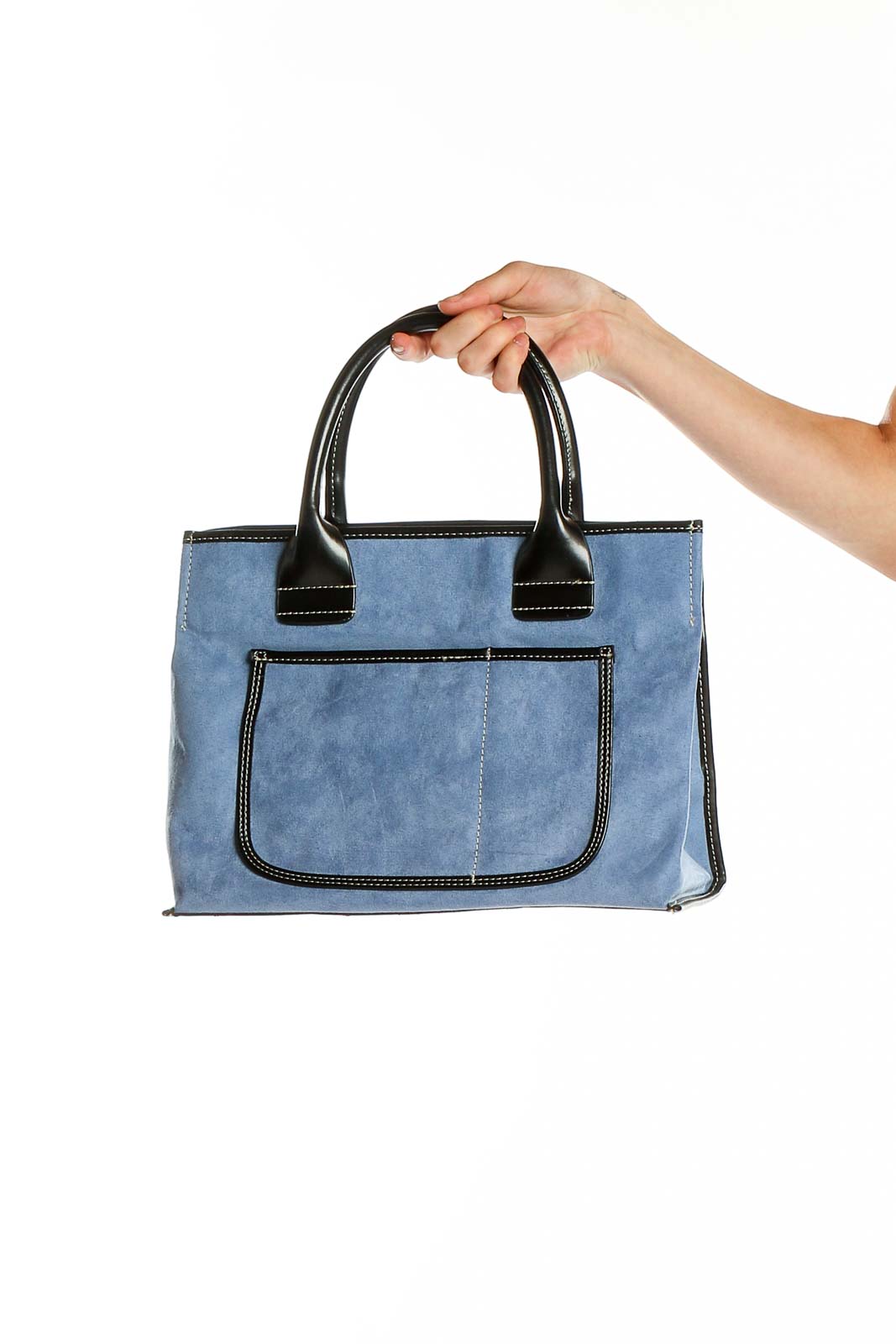 Front view of blue suede satchel with black leather handles by Signature Sax Fifth Avenue