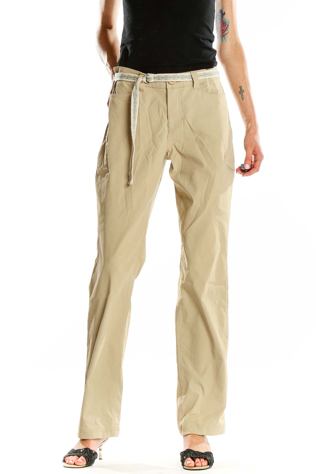 Front view of Eddie Bauer khaki cargo pants with belt