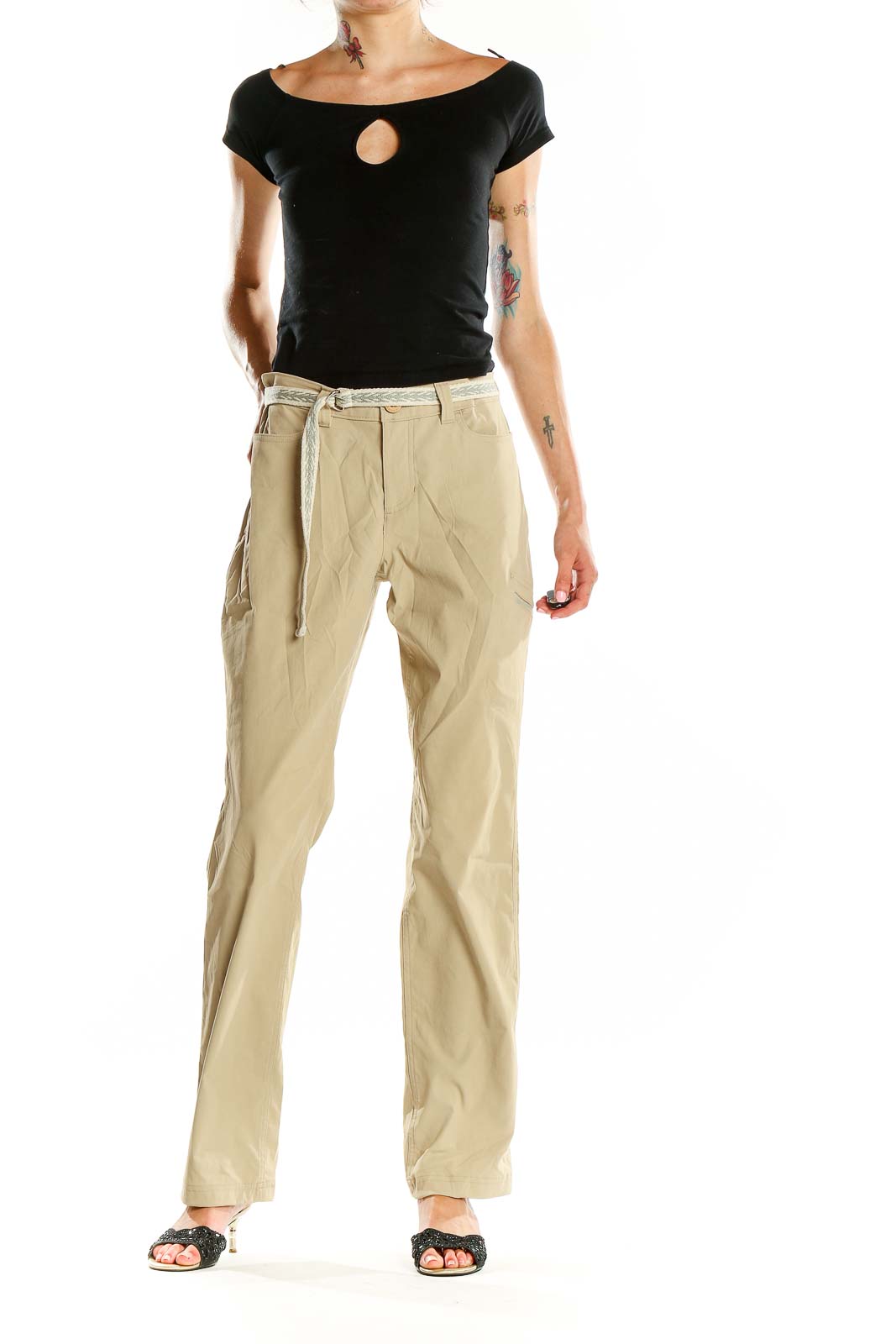 Front view of Eddie Bauer khaki cargo pants with belt