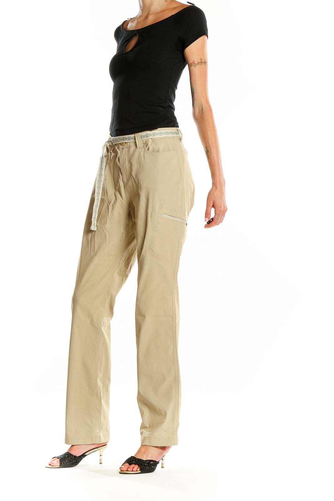 Front view of Eddie Bauer khaki cargo pants with belt