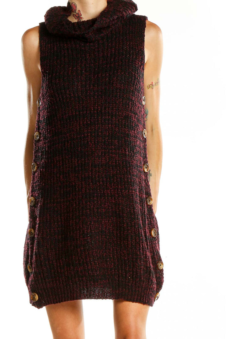 Front view of burgundy chunky knit sleeveless turtleneck dress with side buttons