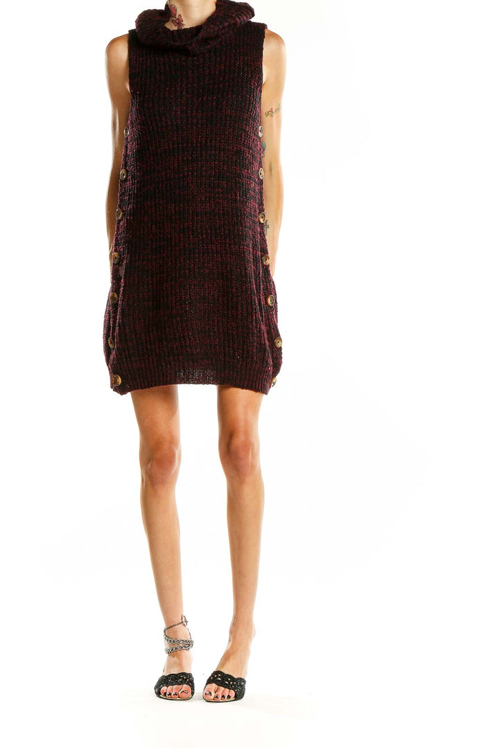 Front view of burgundy chunky knit sleeveless turtleneck dress with side buttons