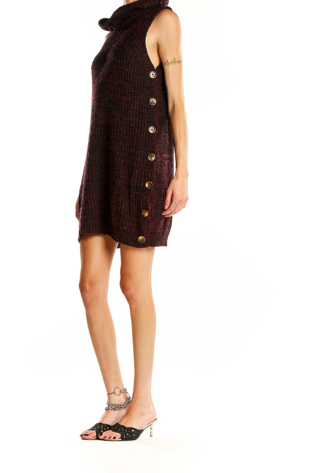 Front view of burgundy chunky knit sleeveless turtleneck dress with side buttons