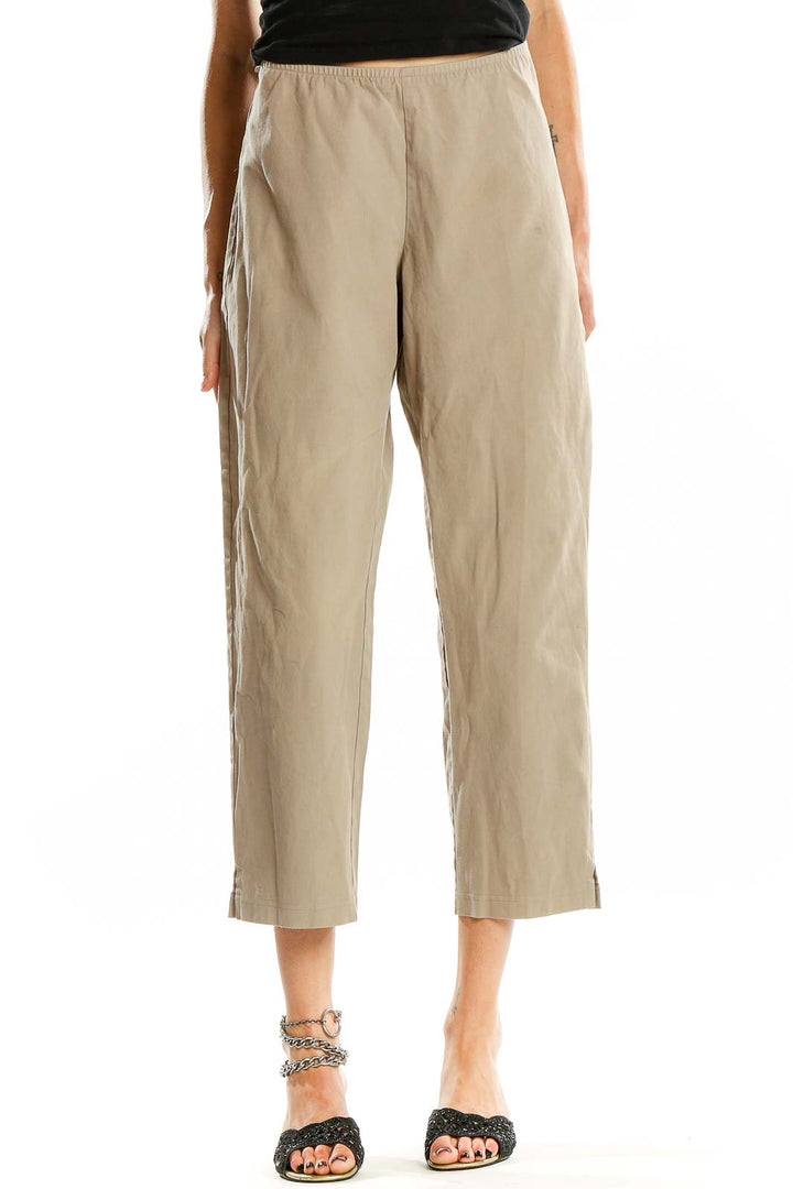 Front view of Eileen Fisher beige cropped pants with elastic waistband