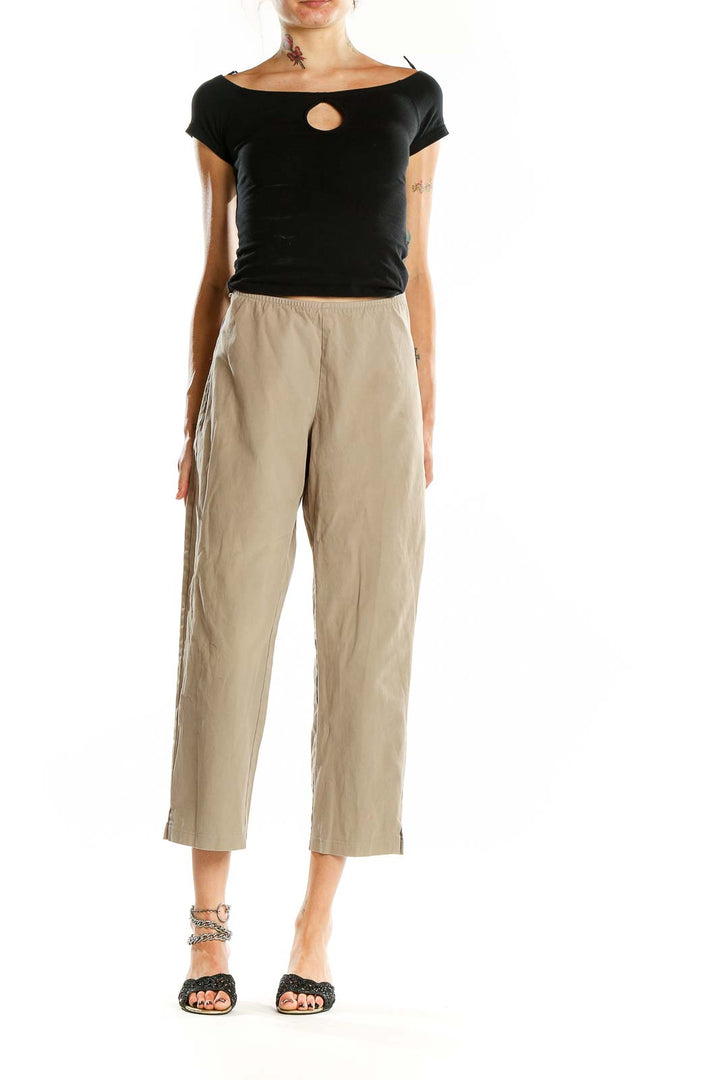 Front view of Eileen Fisher beige cropped pants with elastic waistband