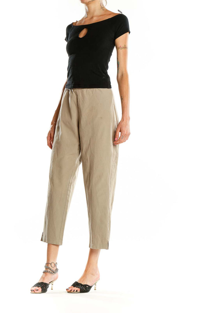 Front view of Eileen Fisher beige cropped pants with elastic waistband